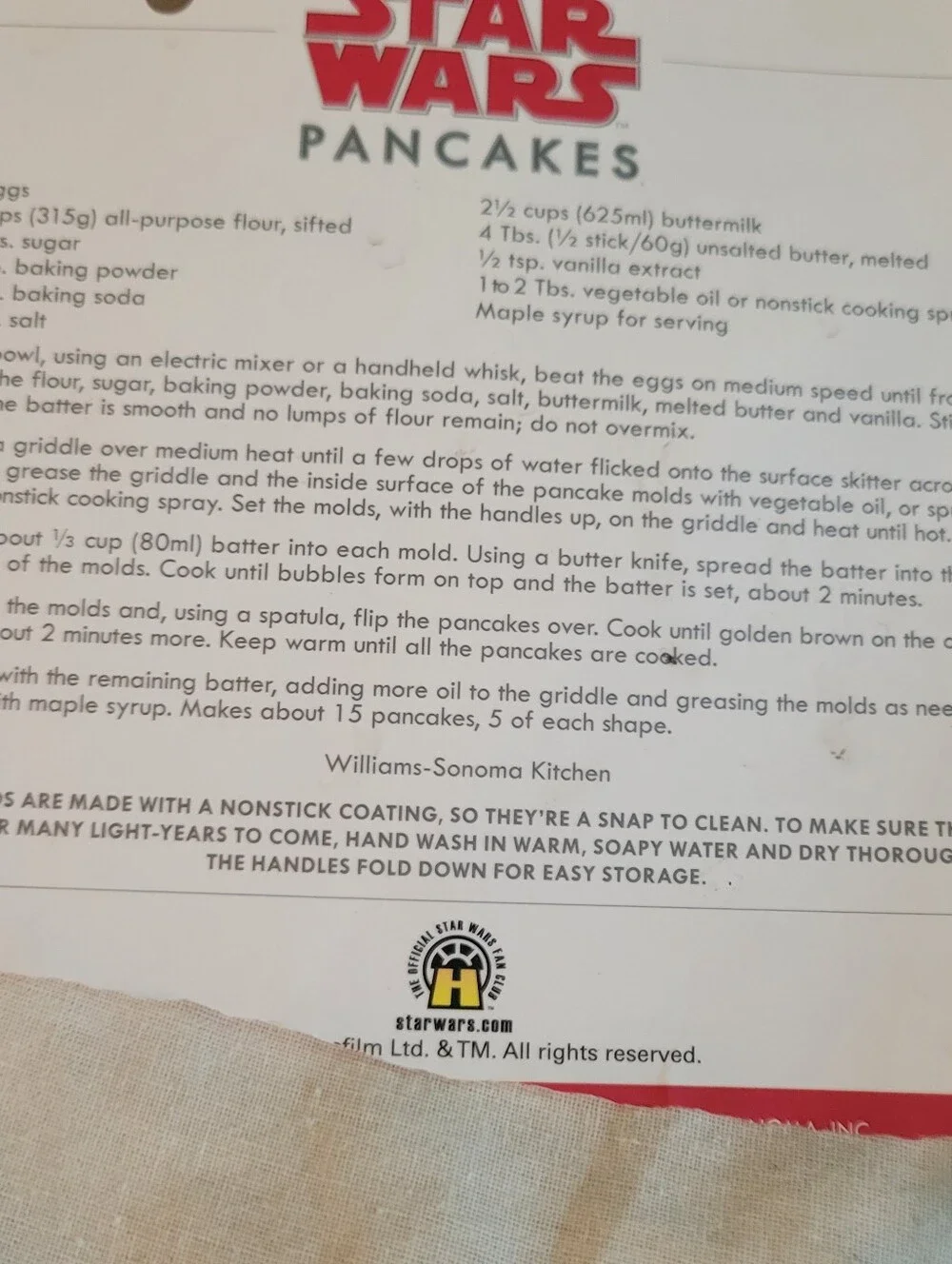 3 Williams Sonoma Star Wars Pancake Molds Yoda Vader Stormtrooper w/ Recipe